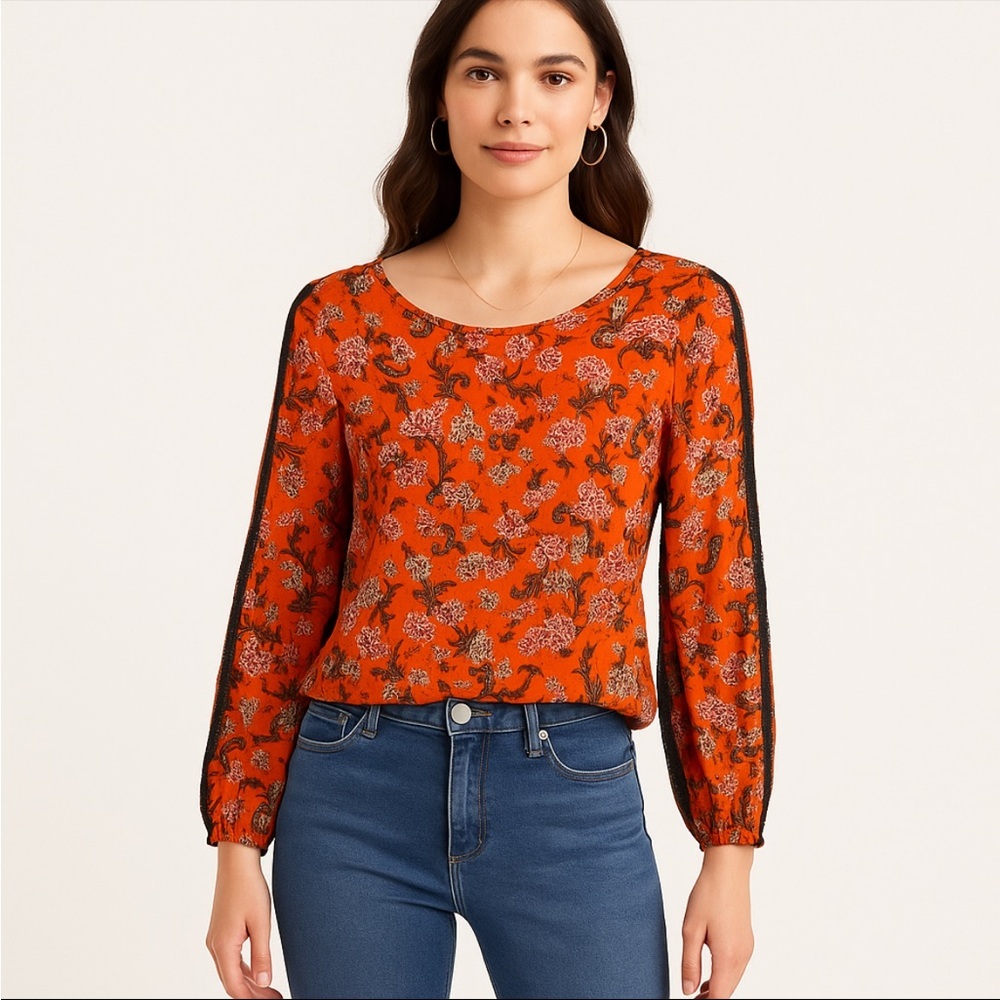 J Jason Wu Small Blouse Orange Floral Print Long Sleeve Lace Trim Boho Top